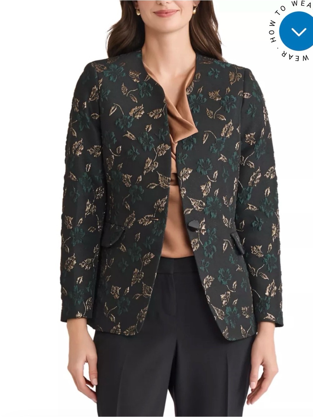 Kasper Leaf Jacquard Blazer Jacket 10 Black Gold Teal Metallic Floral NWT $159